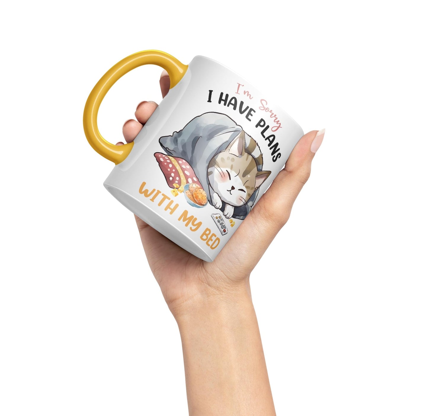 I'm Sorry, I Have Plans with My Bed, cat Sarcastic Joke Ceramic Coloured Mug Cup for Tea Coffee Hot Brew 330ml 11Oz