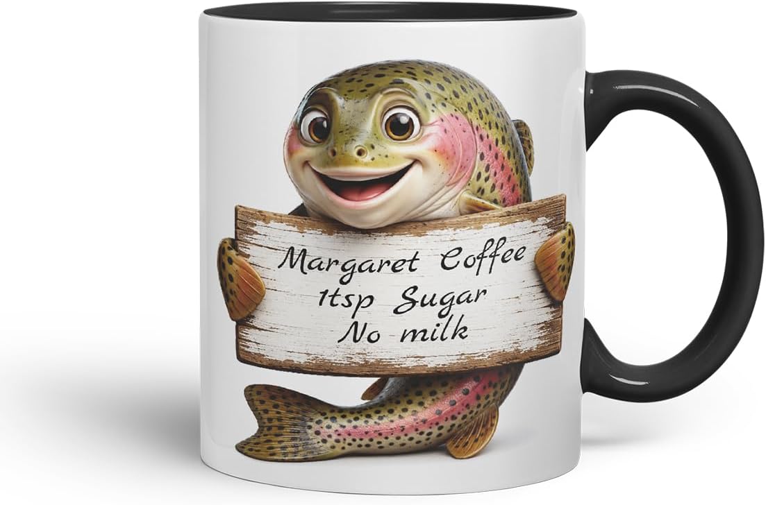 Vixar Personalised Trout Fish Mug with Name or Custom Message – Cute Animal Coloured Ceramic Mug Cup Gift, 11oz (Black)