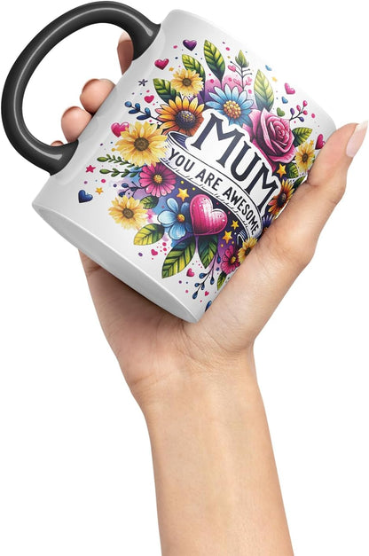 Vixar Mum You are Awesome Floral Mug – Coloured Ceramic Mug Cup Gift, 11oz (Black)