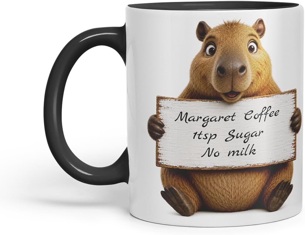 Vixar Personalised Capybara Mug with Name or Custom Message – Cute Animal Coloured Ceramic Mug Cup Gift, 11oz (Black)