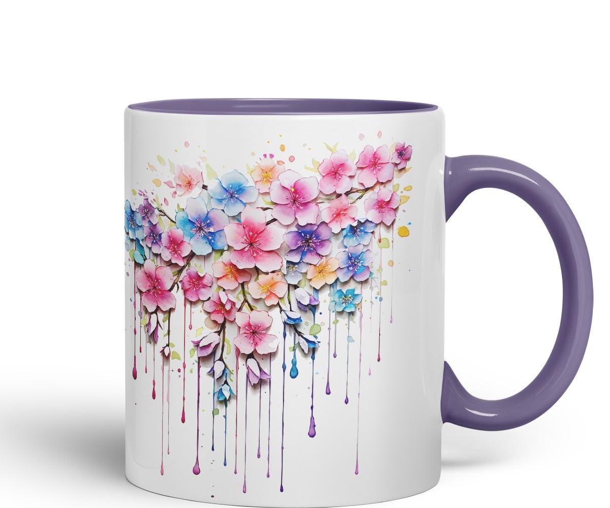 Vixar Cherry Blossom Sakura Mug Coloured Ceramic Mug Cup Gift, 11oz (C Blue)