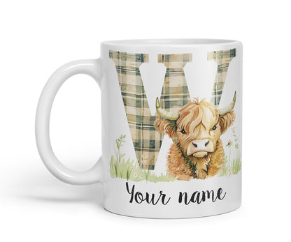 Vixar Personalised Highland Cow Initial Letter W Custom Name Mug – Coloured Ceramic Mug Cup Gift, 11oz (Black)