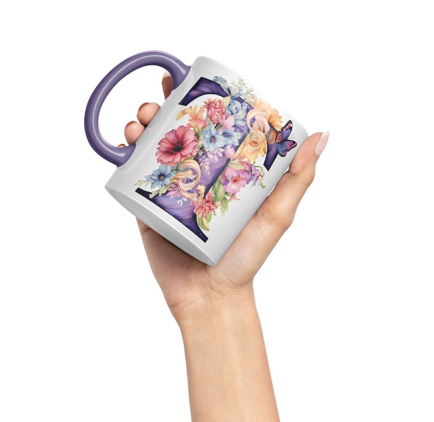 Letter T mug, Floral flowers butterfly Alphabet Letter T Monogram watercolour Ceramic Coloured Mug Cup for Tea Coffee Hot brew 330ml 11Oz Gift