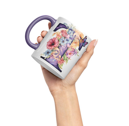 Letter T mug, Floral flowers butterfly Alphabet Letter T Monogram watercolour Ceramic Coloured Mug Cup for Tea Coffee Hot brew 330ml 11Oz Gift