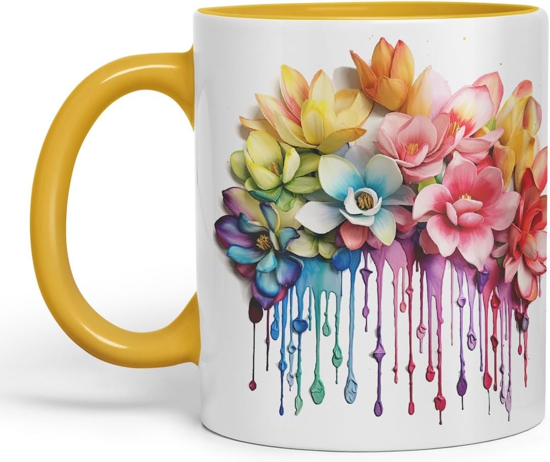 Vixar Magnolia Romantic Bloom Mug Coloured Ceramic Mug Cup Gift, 11oz (Gold Yellow)