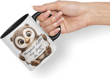 Vixar Personalised Owl Mug with Name or Custom Message – Cute Animal Coloured Ceramic Mug Cup Gift, 11oz (Black)