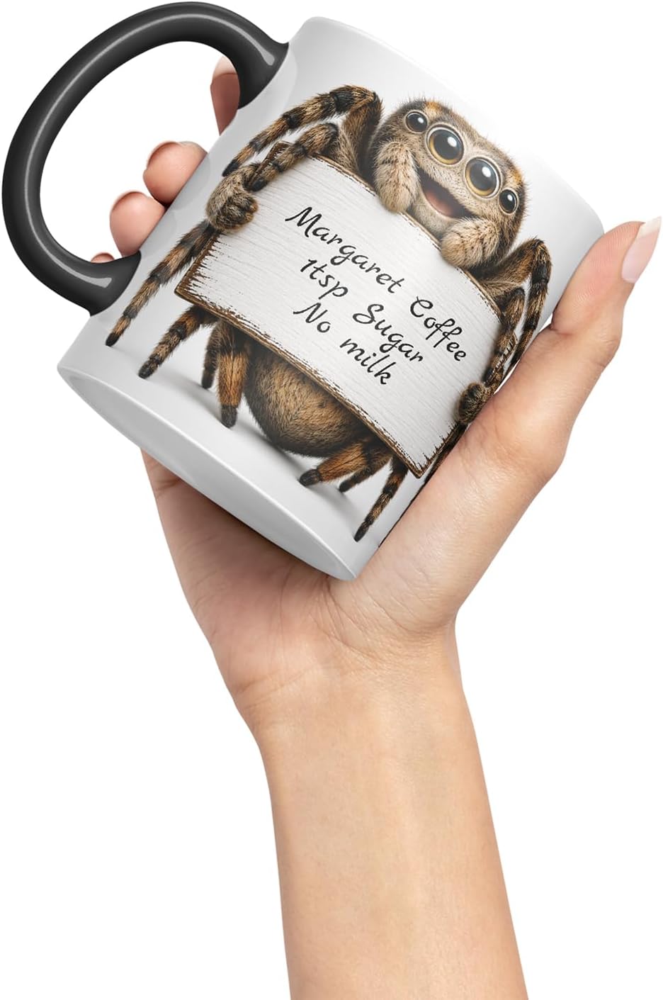 Vixar Personalised Spider Mug with Name or Custom Message – Cute Animal Coloured Ceramic Mug Cup Gift, 11oz (Black)