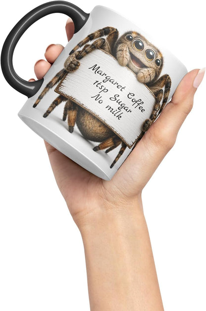 Vixar Personalised Spider Mug with Name or Custom Message – Cute Animal Coloured Ceramic Mug Cup Gift, 11oz (Black)