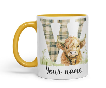 Vixar Personalised Highland Cow Initial Letter W Custom Name Mug – Coloured Ceramic Mug Cup Gift, 11oz (Black)