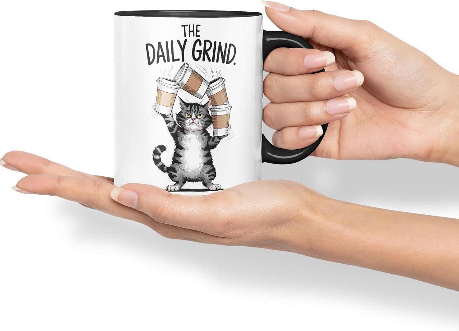 Vixar The Daily Grind Needs More Coffee Cat Mug – Coloured Ceramic Mug Cup Gift, 11oz (Black)