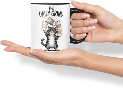 Vixar The Daily Grind Needs More Coffee Cat Mug – Coloured Ceramic Mug Cup Gift, 11oz (Black)