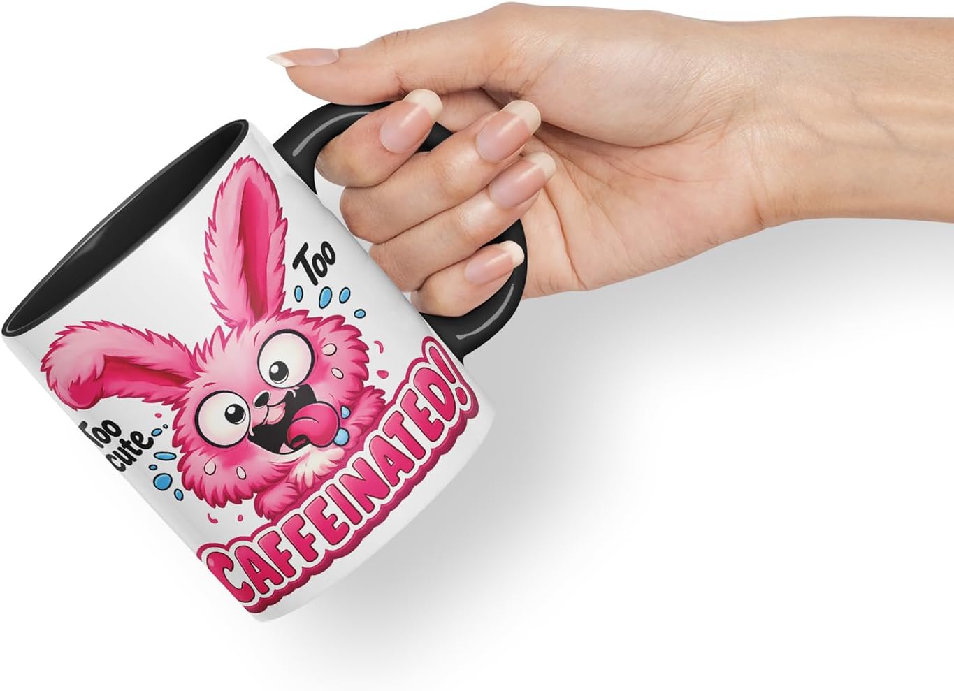 Vixar Too Cute Too Caffeinated Funny Bunny Mug – Coloured Ceramic Mug Cup Gift, 11oz (Black)