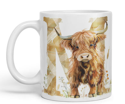 Vixar Highland Cow Alphabet Monogram Coloured Ceramic Cup Mug – Letter M – Rustic Farmhouse Animal Letter Gift – 11oz (Black)