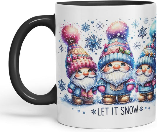 Vixar Let It Snow Cute Christmas Gnomes Coloured Mug Cup Winter Gift 11oz (Black)