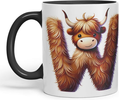 Highland Cow Alphabet Monogram Coloured Ceramic Cup Mug Letter W Rustic Farmhouse Animal Letter Gift V2 11oz (Black)