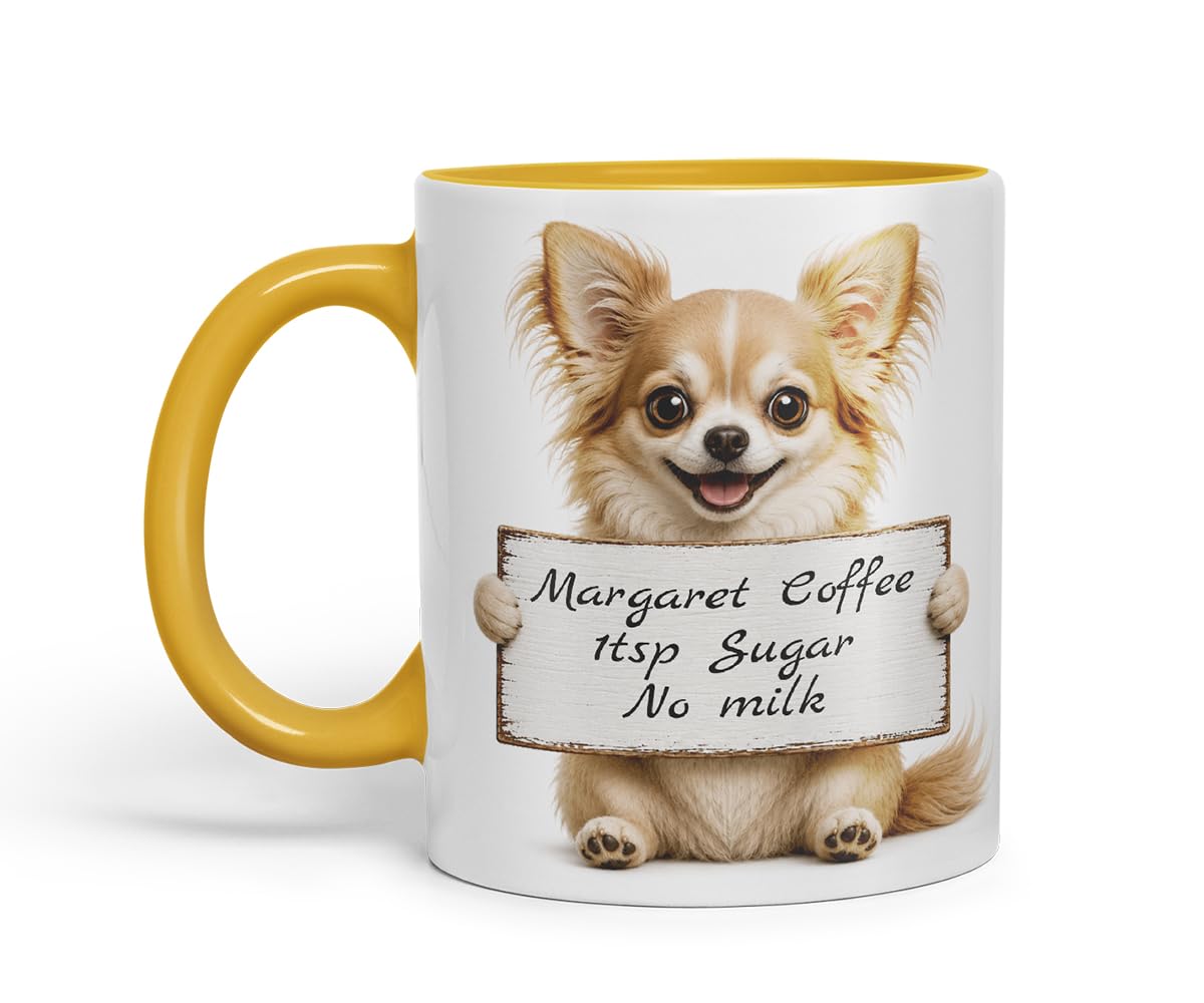 Vixar Personalised Long Hair Chihuahua Mug with Name or Custom Message – Cute Animal Coloured Ceramic Mug Cup Gift, 11oz (Black)