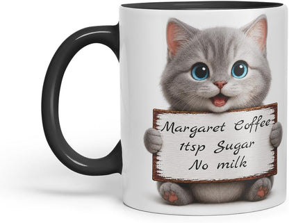 Vixar Personalised Grey Kitten Mug with Name or Custom Message – Cute Animal Coloured Ceramic Mug Cup Gift, 11oz (Black)