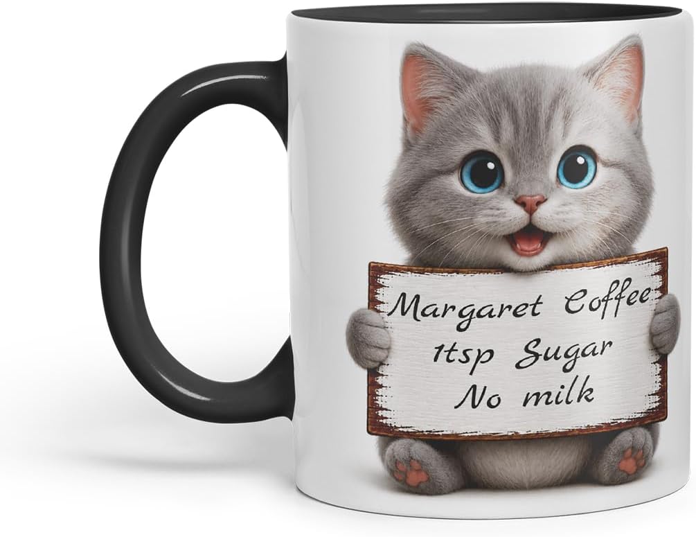 Vixar Personalised Grey Kitten Mug with Name or Custom Message – Cute Animal Coloured Ceramic Mug Cup Gift, 11oz (Black)