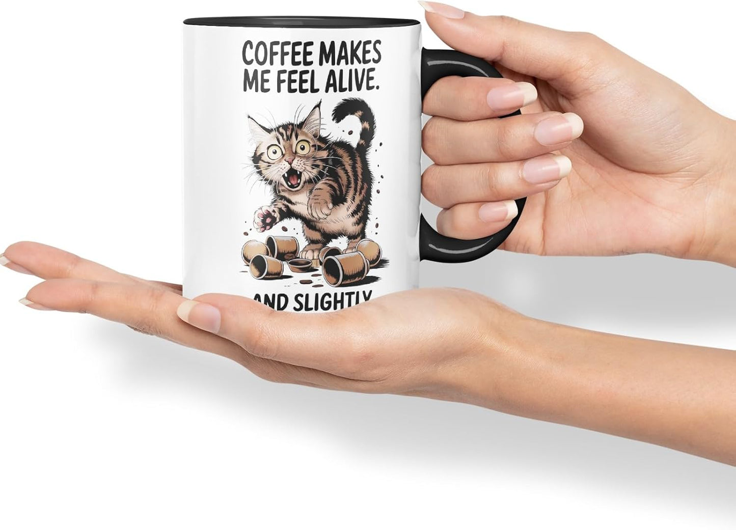 Vixar Coffee Makes Me Feel Alive and Slightly Unhinged Cat Mug – Coloured Ceramic Mug Cup Gift, 11oz (Black)