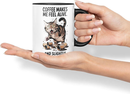 Vixar Coffee Makes Me Feel Alive and Slightly Unhinged Cat Mug – Coloured Ceramic Mug Cup Gift, 11oz (Black)