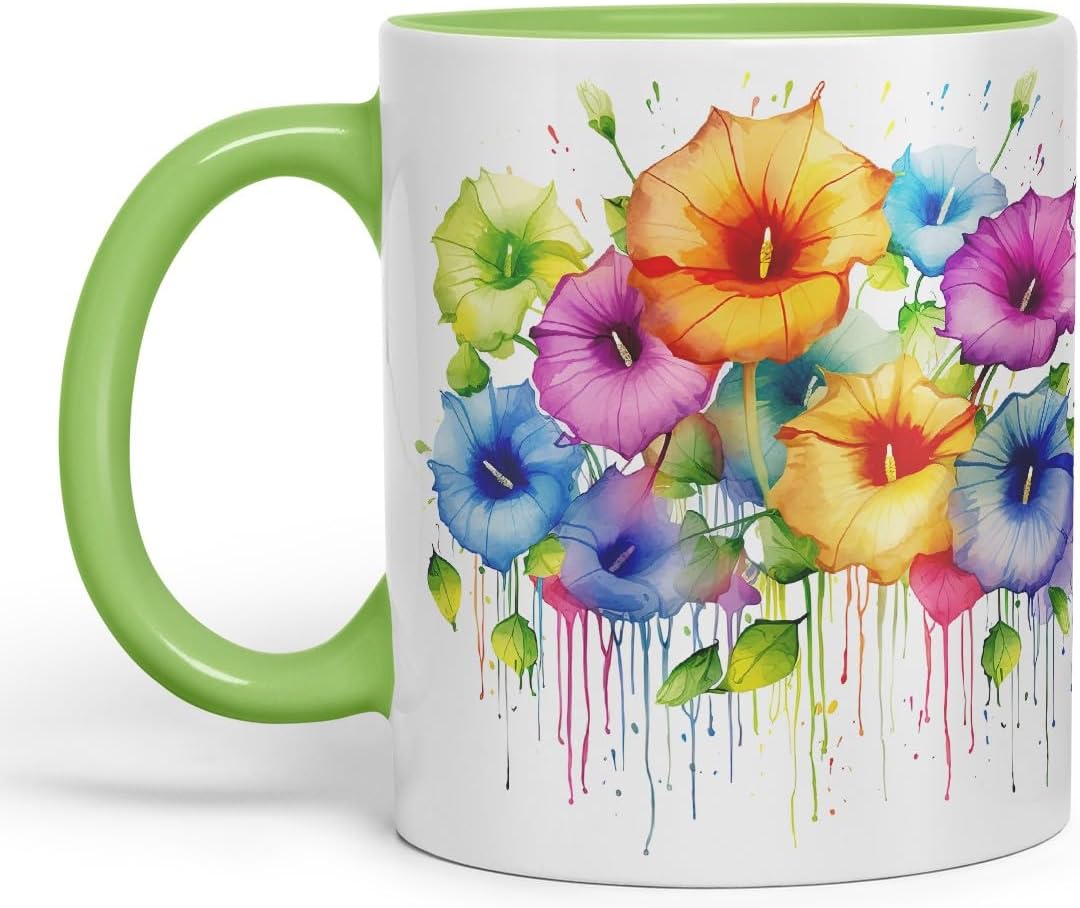 Vixar Morning Glory Climbing Flower Mug Coloured Ceramic Mug Cup Gift, 11oz (Light Green)