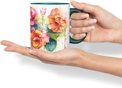 Vixar Begonia Botanical Art Mug Coloured Ceramic Mug Cup Gift, 11oz (Dark Green)