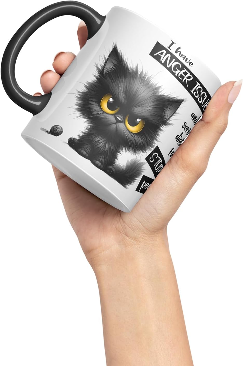 Vixar Funny Black Cat Anger Issues Sarcastic Mug – Coloured Ceramic Mug Cup Gift, 11oz (Black)