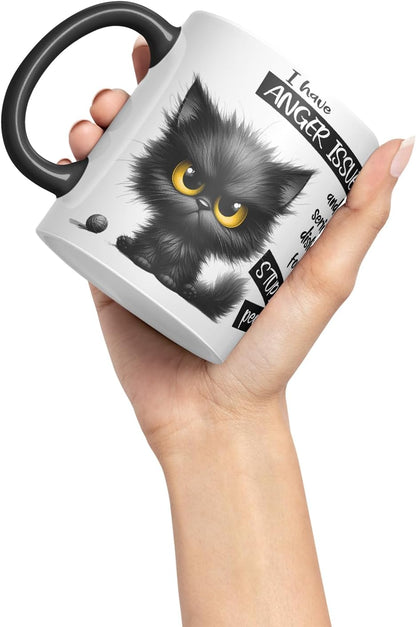 Vixar Funny Black Cat Anger Issues Sarcastic Mug – Coloured Ceramic Mug Cup Gift, 11oz (Black)