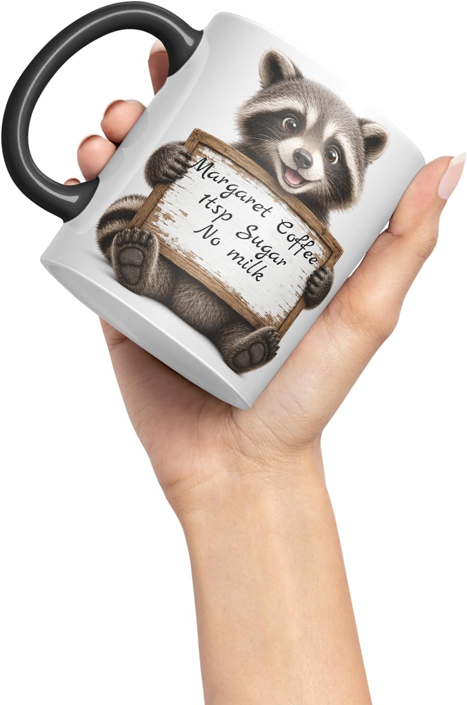 Vixar Personalised Raccoon Mug with Name or Custom Message – Cute Animal Coloured Ceramic Mug Cup Gift, 11oz (Black)