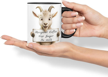 Vixar Personalised Goat Mug with Name or Custom Message – Cute Animal Coloured Ceramic Mug Cup Gift, 11oz (Black)