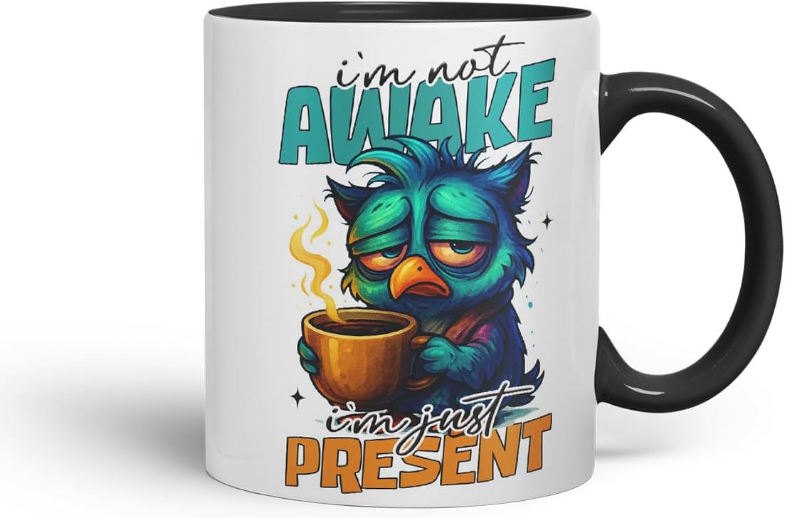 Vixar I'm Not Awake I'm Just Present Funny Owl Coffee Mug – Coloured Ceramic Mug Cup Gift, 11oz (Black)