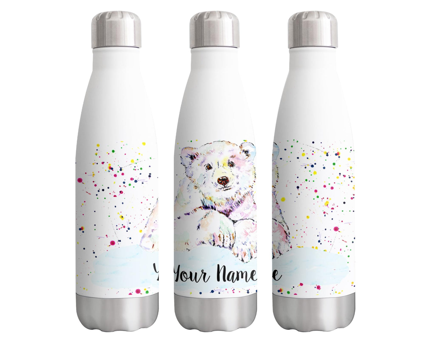 Vixar Bear Personalised Custom Bottle with your Text/name Polar Bear Watercolour Animals Bottle Double Wall Insulated Stainless Steel Sport Drinks 500ml