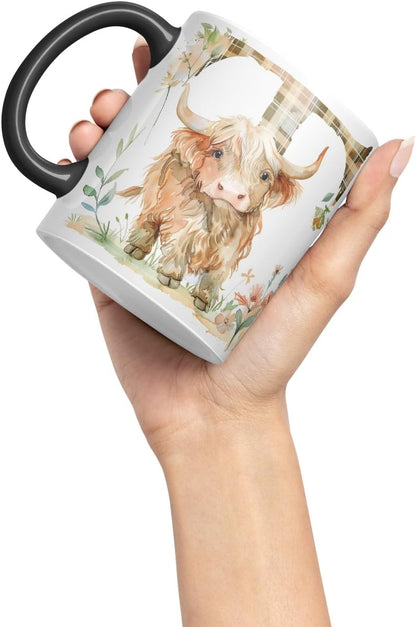 Vixar Highland Cow Alphabet Monogram Coloured Ceramic Cup Mug – Letter T – Rustic Farmhouse Animal Letter Gift – 11oz (Black)