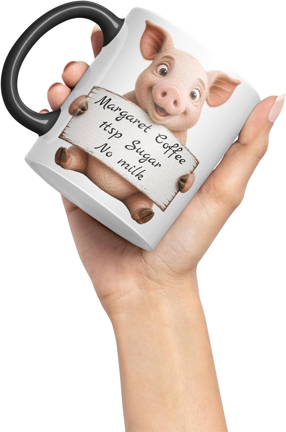 Vixar Personalised Pig Mug with Name or Custom Message – Cute Animal Coloured Ceramic Mug Cup Gift, 11oz (Black)