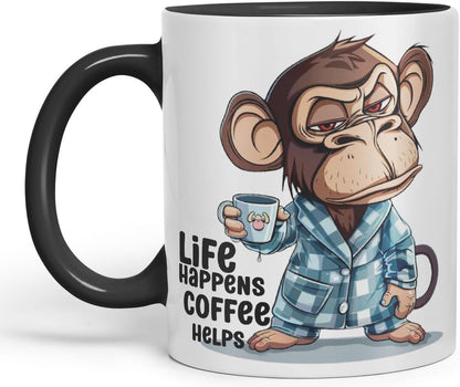 Vixar Life Happens Coffee Helps Monkey Mug – Coloured Ceramic Mug Cup Gift, 11oz (Black)
