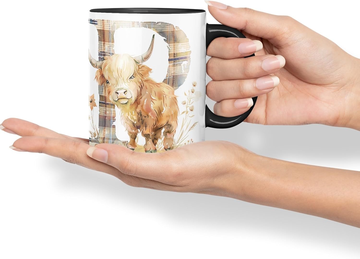 Vixar Highland Cow Alphabet Monogram Coloured Ceramic Cup Mug – Letter P – Rustic Farmhouse Animal Letter Gift – 11oz (Black)