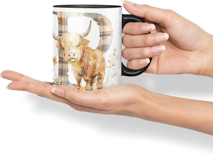 Vixar Highland Cow Alphabet Monogram Coloured Ceramic Cup Mug – Letter P – Rustic Farmhouse Animal Letter Gift – 11oz (Black)
