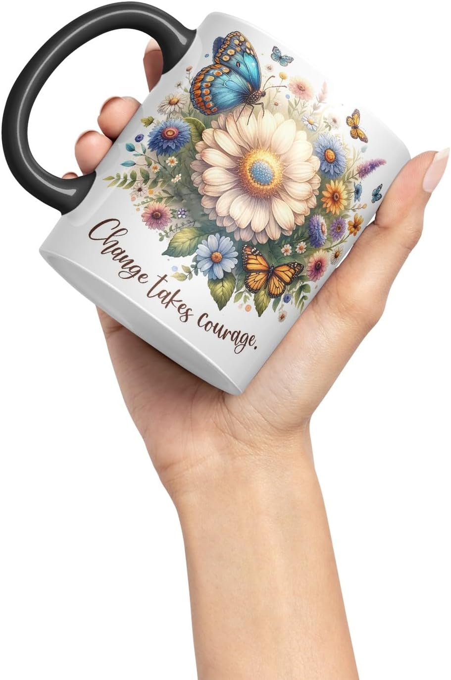 Vixar Change Takes Courage Butterfly Coloured Mug Cup Floral Nature Inspirational Gift 11oz (Black)