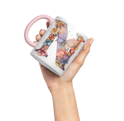 Letter N mug, Floral flowers butterfly Alphabet Letter N Monogram watercolour Ceramic Coloured Mug Cup for Tea Coffee Hot brew 330ml 11Oz Gift