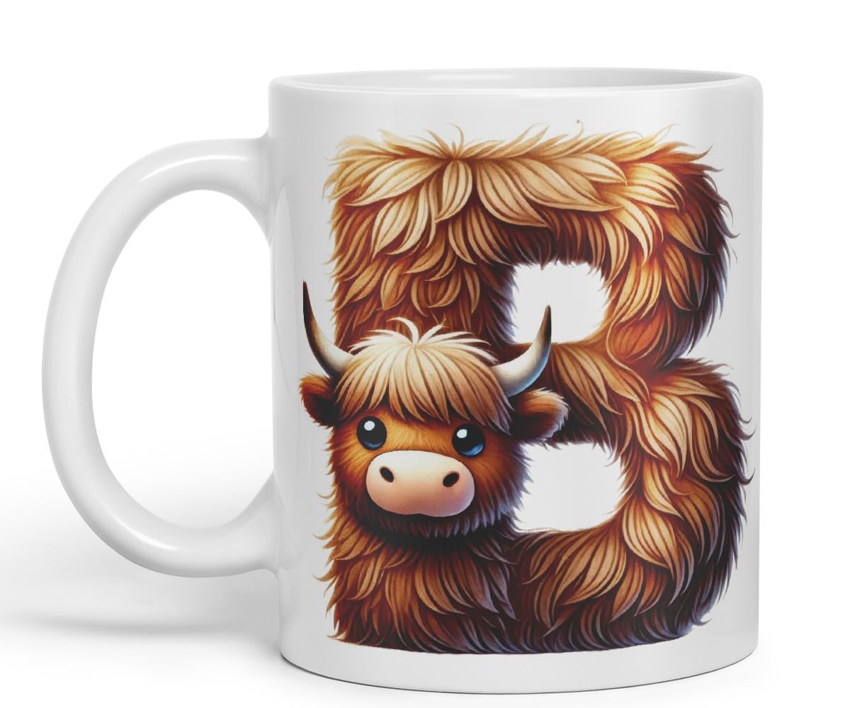 Highland Cow Alphabet Monogram Coloured Ceramic Cup Mug Letter B Rustic Farmhouse Animal Letter Gift V2 11oz (Black)