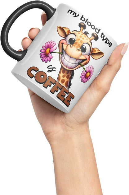 Vixar My Blood Type is Coffee Sarcastic Giraffe Mug Coloured Ceramic Cup 11oz (Black)