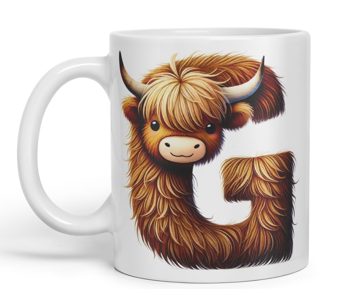 Highland Cow Alphabet Monogram Coloured Ceramic Cup Mug Letter G Rustic Farmhouse Animal Letter Gift V2 11oz (Black)