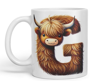 Highland Cow Alphabet Monogram Coloured Ceramic Cup Mug Letter G Rustic Farmhouse Animal Letter Gift V2 11oz (Black)