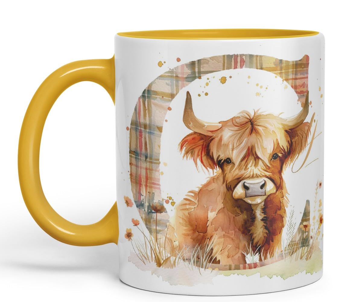 Vixar Highland Cow Alphabet Monogram Coloured Ceramic Cup Mug – Letter C – Rustic Farmhouse Animal Letter Gift – 11oz (Black)