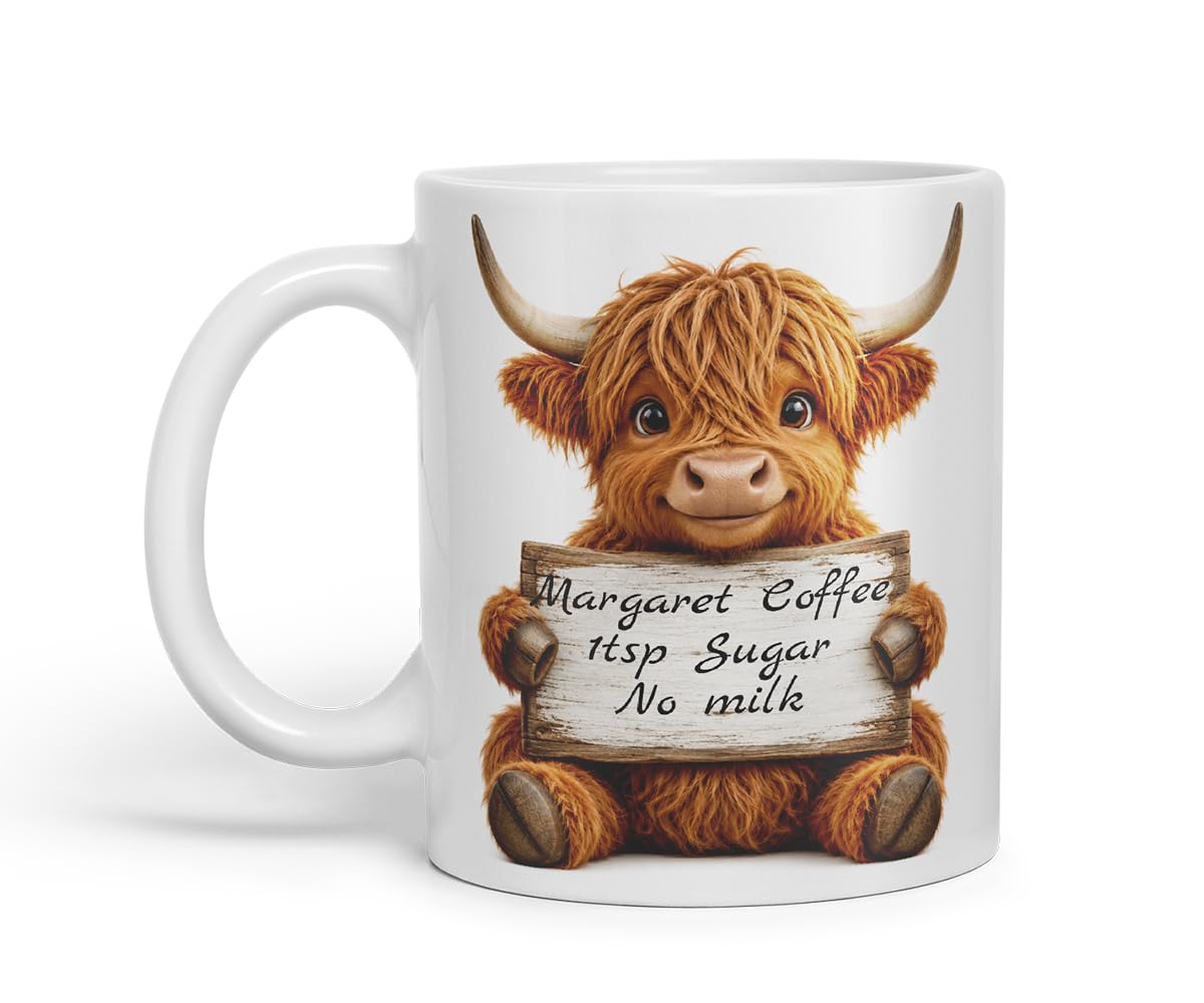 Vixar Personalised Highland Cow Mug with Name or Custom Message – Cute Animal Coloured Ceramic Mug Cup Gift, 11oz (Black)