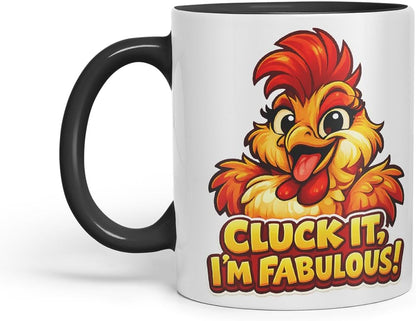 Vixar Cluck It I'm Fabulous Chicken Coloured Ceramic Mug Cup Gift, 11oz (Black)