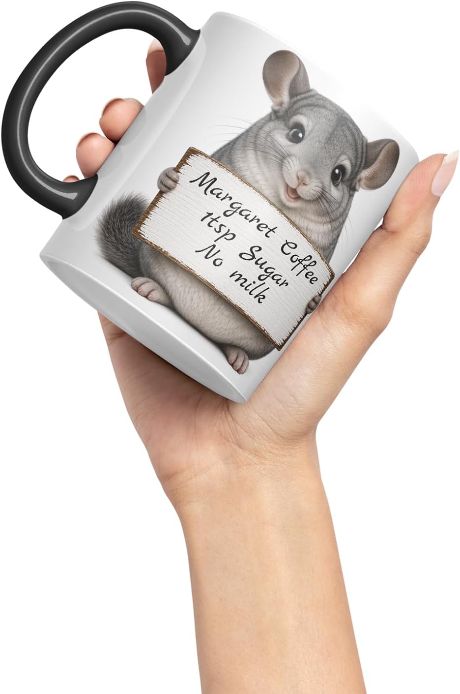 Vixar Personalised Chinchilla Mug with Name or Custom Message – Cute Animal Coloured Ceramic Mug Cup Gift, 11oz (Black)