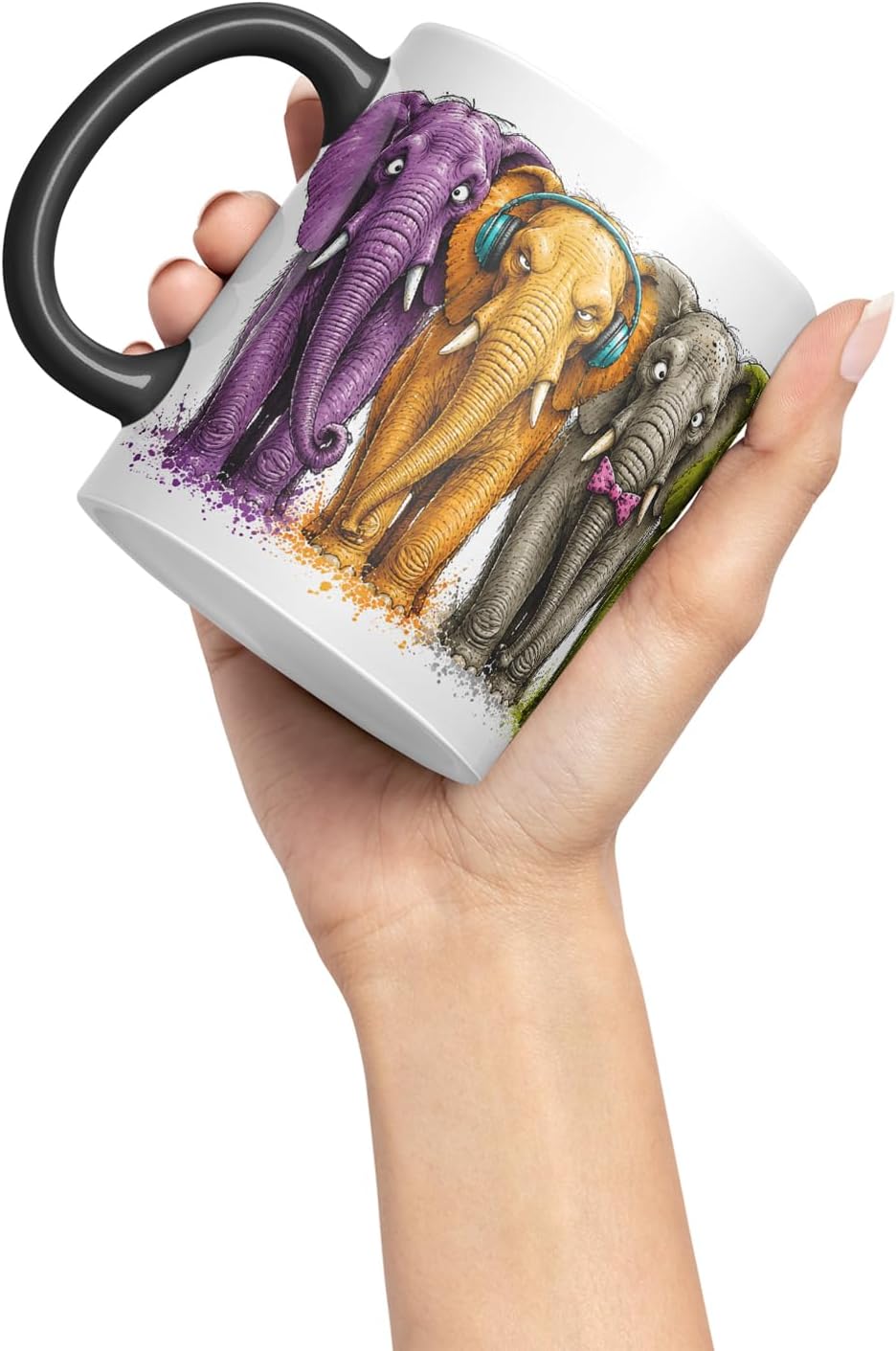 Vixar Elephant Mug – Cute Elephant Animal Coloured Ceramic Mug Cup Gift, 11oz (Black)