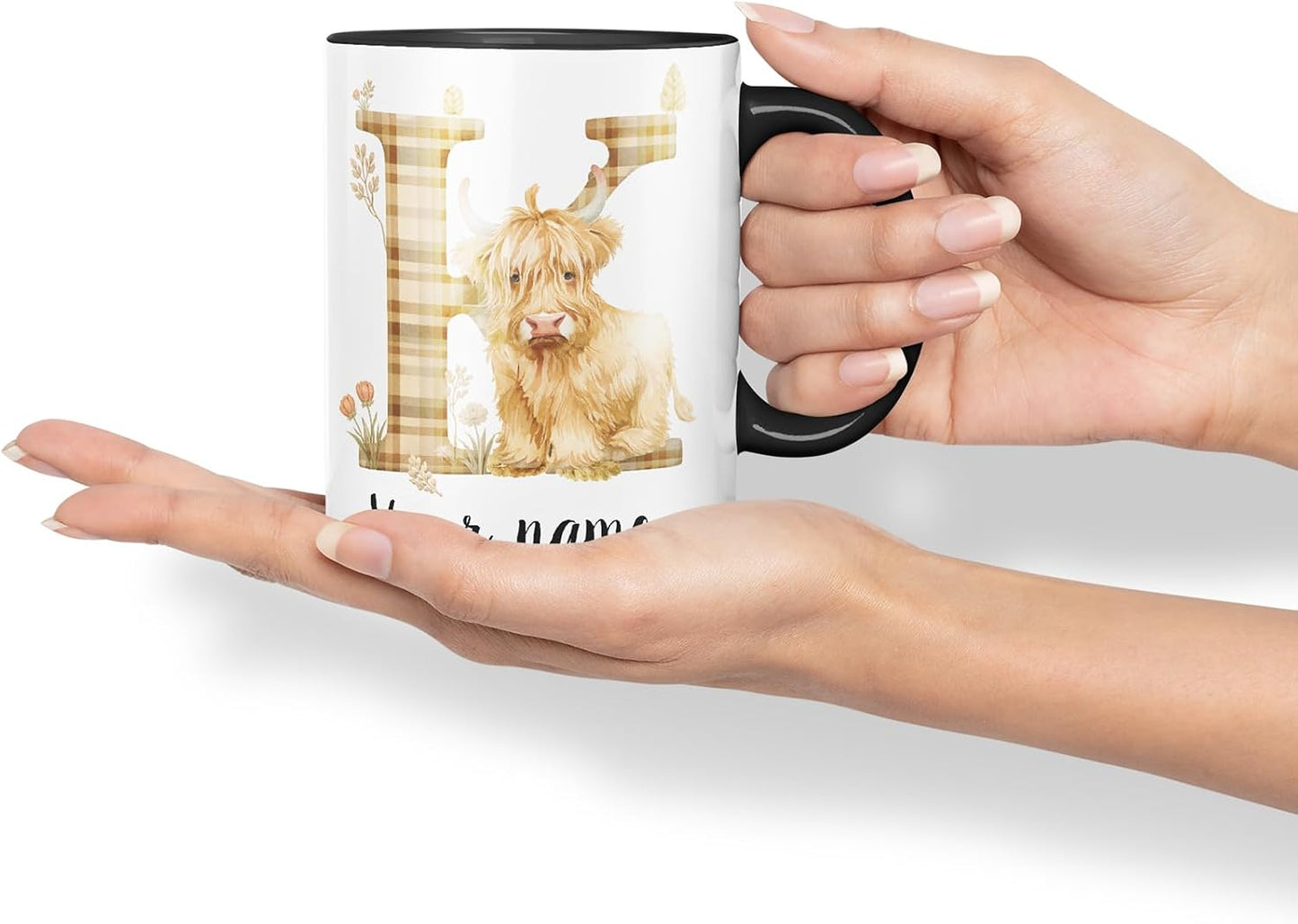 Vixar Personalised Highland Cow Initial Letter K Custom Name Mug – Coloured Ceramic Mug Cup Gift, 11oz (Black)
