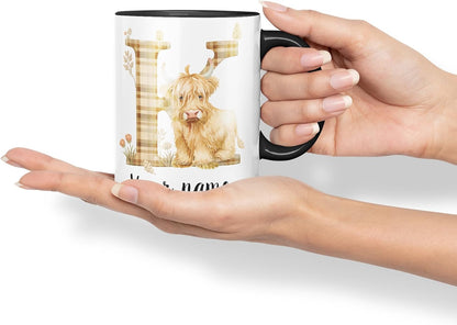 Vixar Personalised Highland Cow Initial Letter K Custom Name Mug – Coloured Ceramic Mug Cup Gift, 11oz (Black)